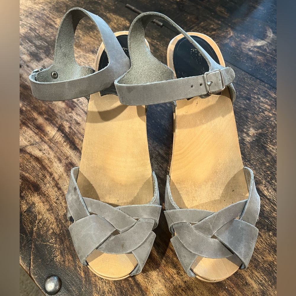Swedish Hasbeens Taupe Suede Platform Clog Sandals